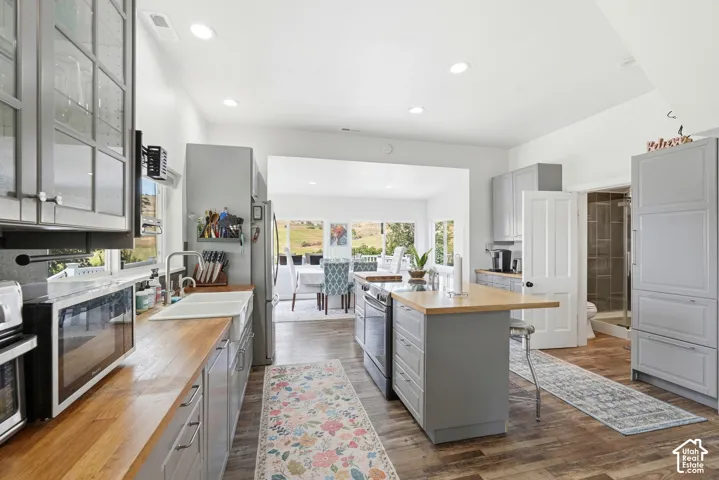 Well-appointed kitchen featuring light gray cabinetry, wood-finish countertops, a double basin farmhouse sink, a central island with integrated seating, and recessed lighting