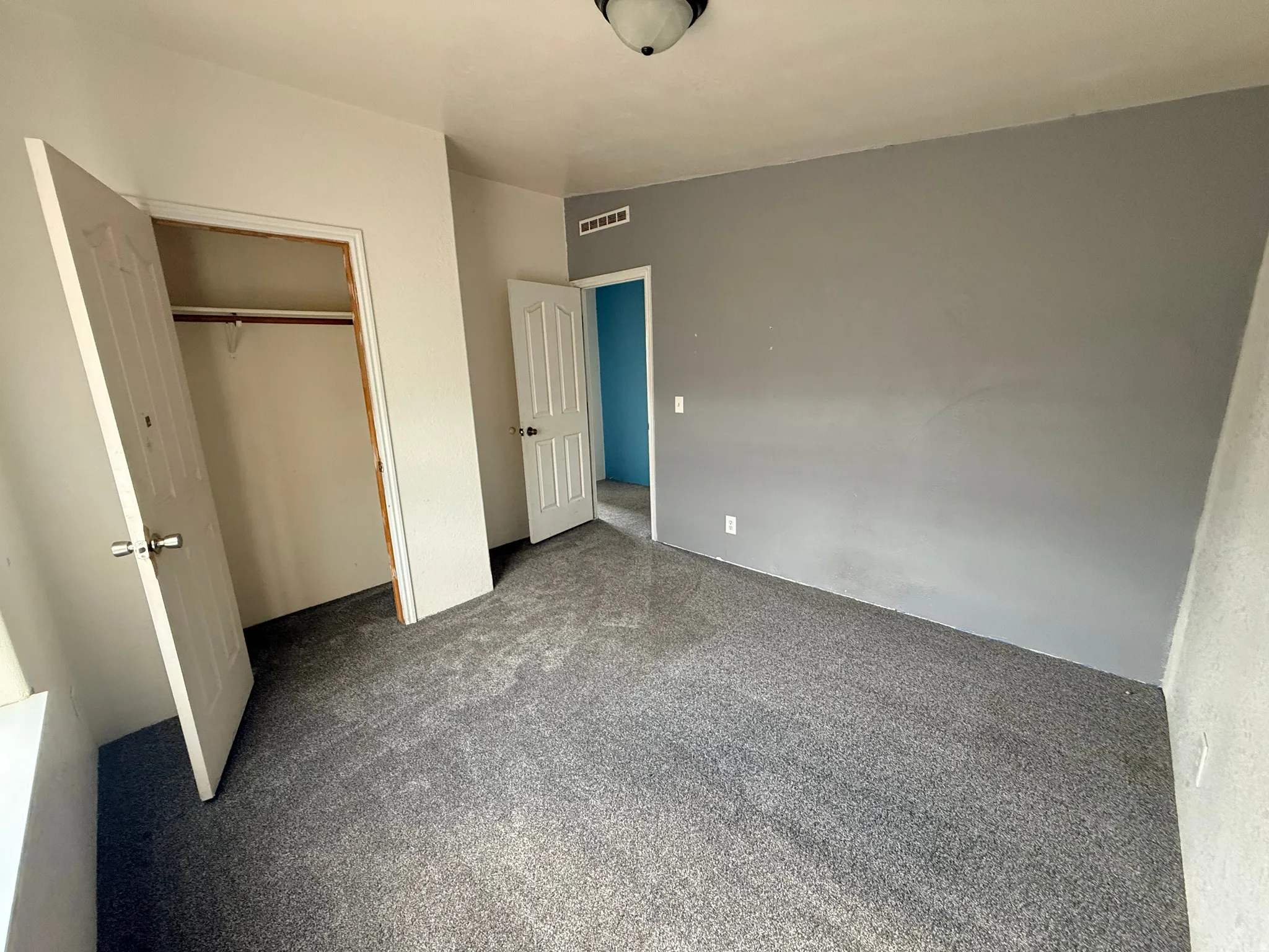 Plush gray carpeting extends throughout, complemented by a white ceiling and contrasting accent wall