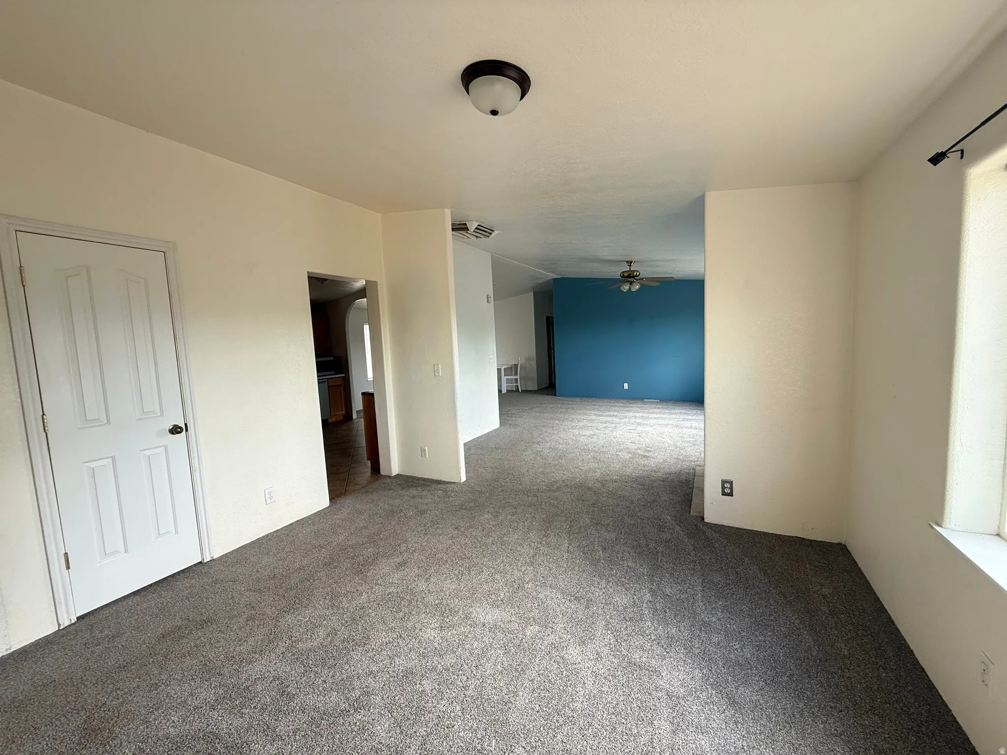 Neutral wall tones, gray carpeting, and a contrasting accent wall