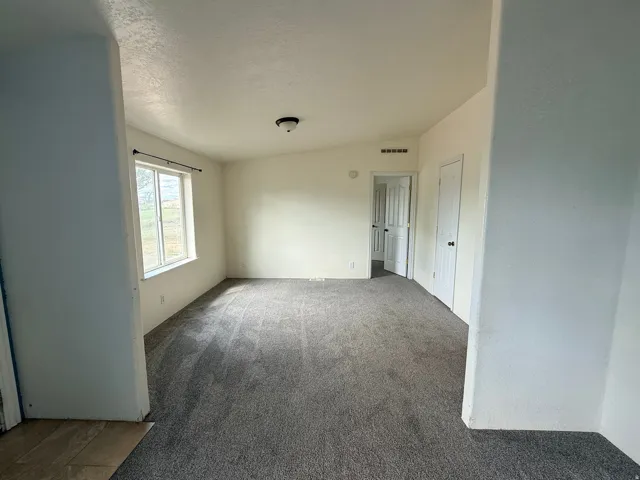 Carpeted flooring, white walls, and a ceiling-mounted light fixture