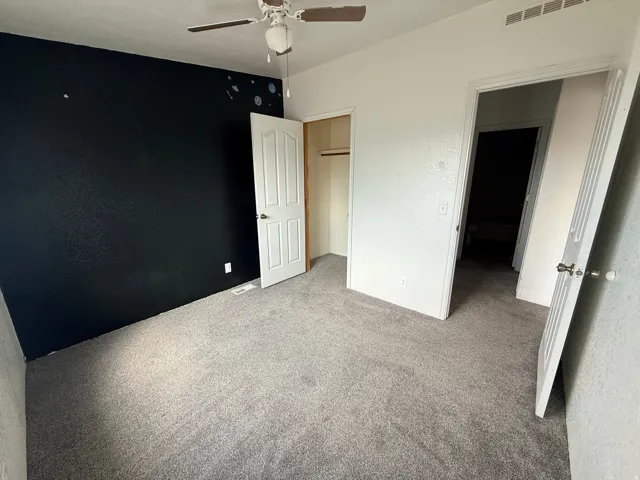 Carpeted room with a ceiling fan, white paneled doors, and an open closet with a hanging rod
