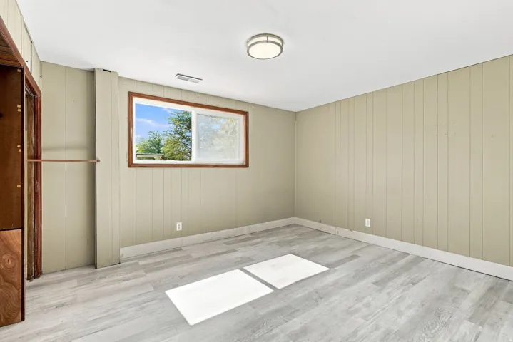 Wood-finish flooring, paneled wall finish, and a flush-mount ceiling light fixture