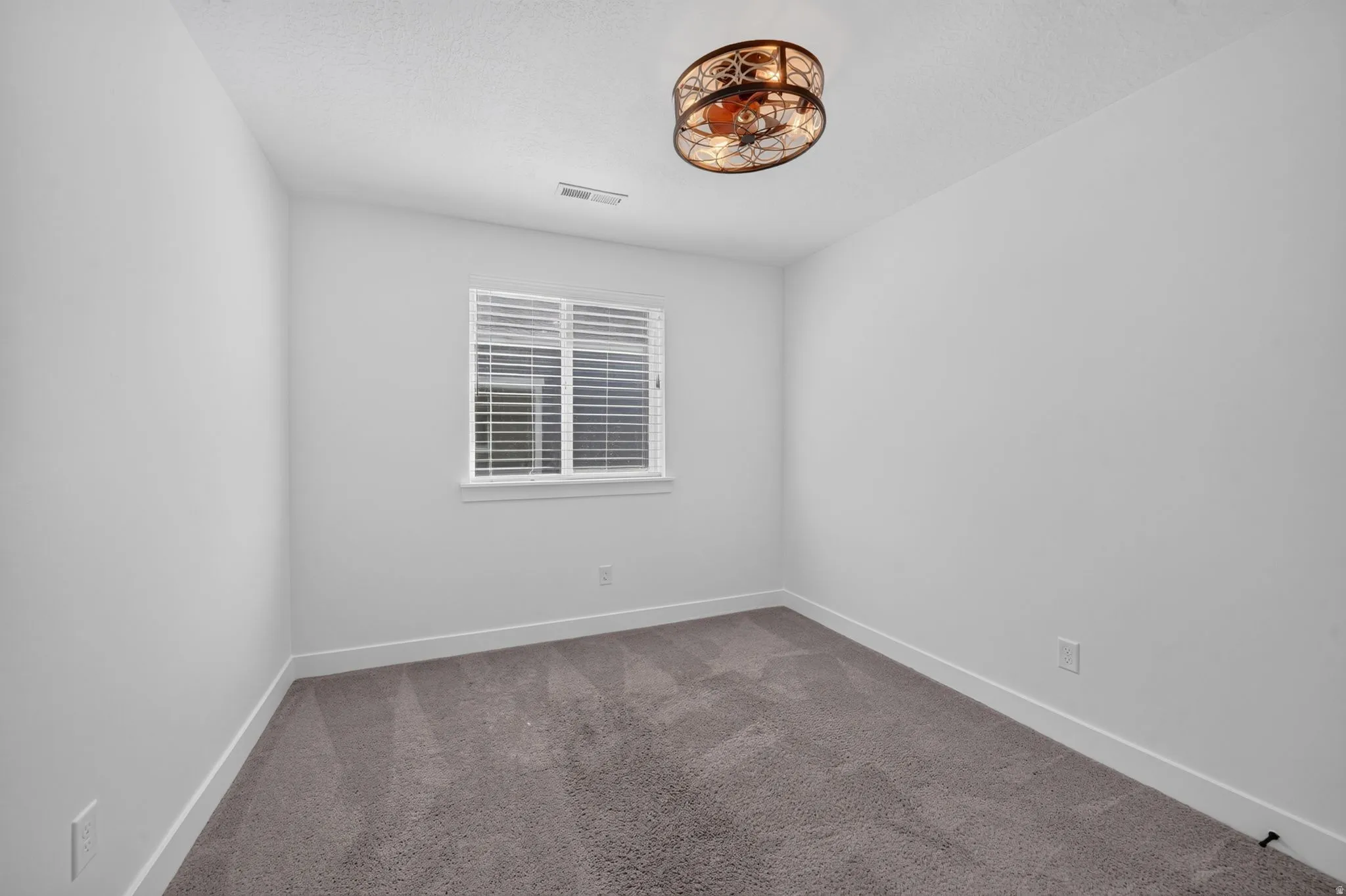 Plush gray carpeting, white walls, and a window with blinds