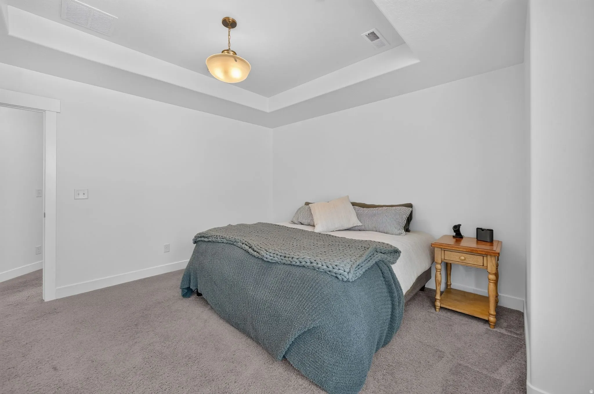 Tray ceiling with recessed lighting element, overhead semi-flush mount light fixture, plush carpet flooring, and white painted walls