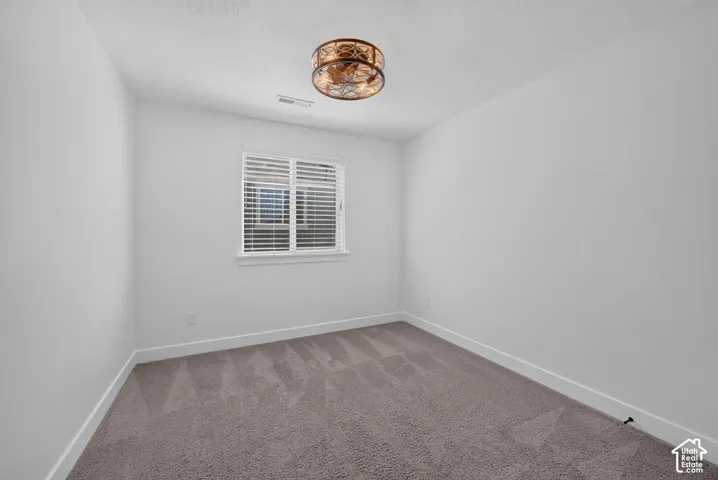 Plush gray carpeting, white walls, white window trim, horizontal blinds, and a decorative ceiling light fixture