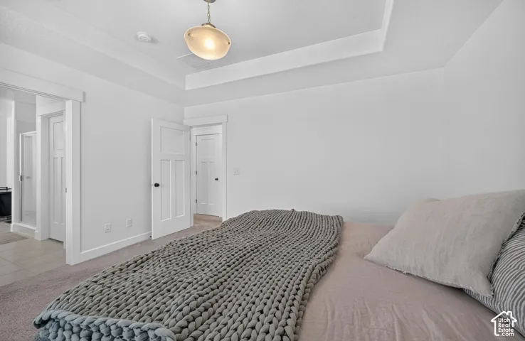 Recessed tray ceiling, neutral carpet flooring, modern pendant light fixture, three-panel interior doors, and white trim throughout