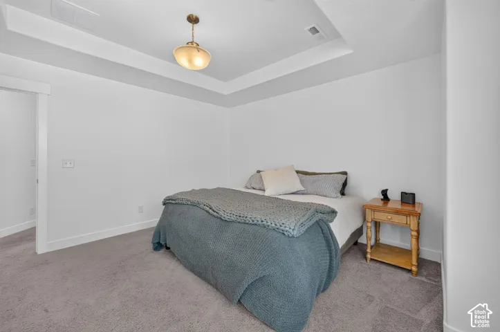 Tray ceiling with recessed lighting element, overhead semi-flush mount light fixture, plush carpet flooring, and white painted walls