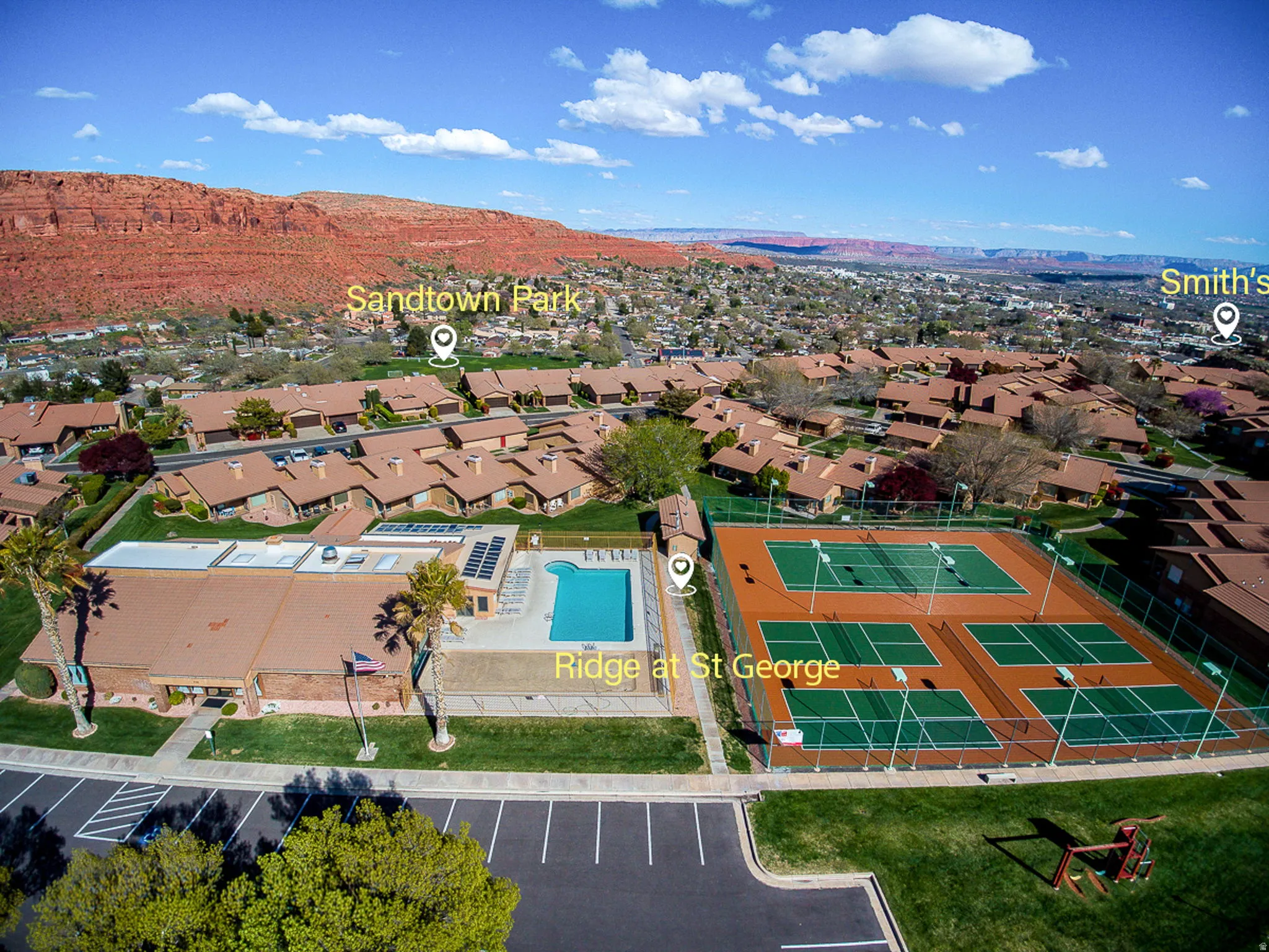 Community amenities including a swimming pool, multiple tennis courts, and a club house