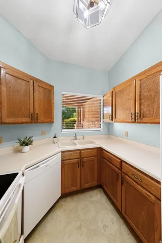Kitchen featuring wood cabinetry, a double basin sink, white countertops, and a built-in dishwasher