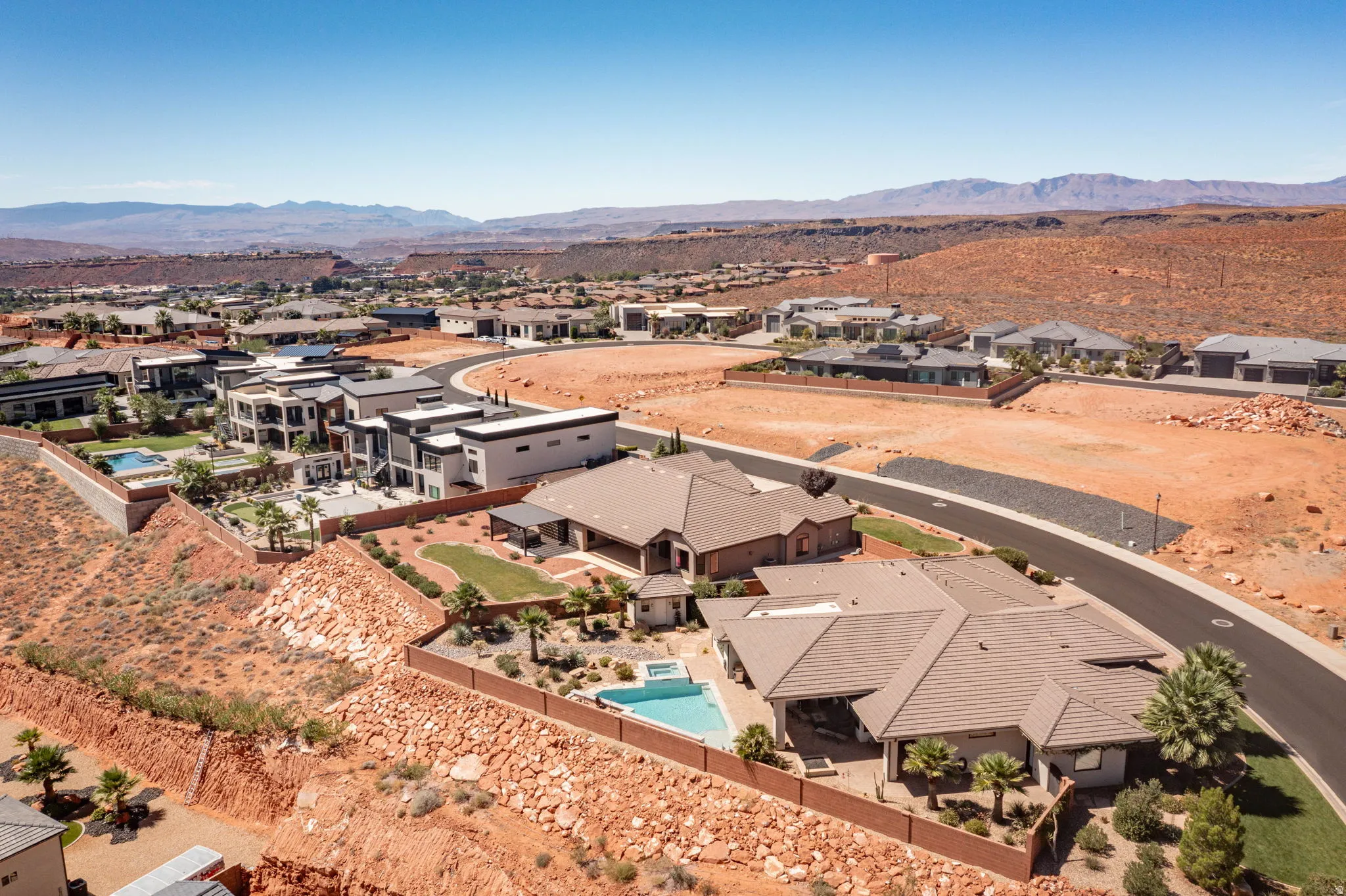 Expansive residential area with diverse architectural styles, including modern and traditional designs