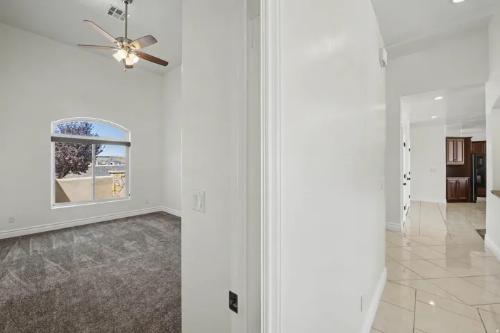 Arched window with roller shade and carpeted flooring