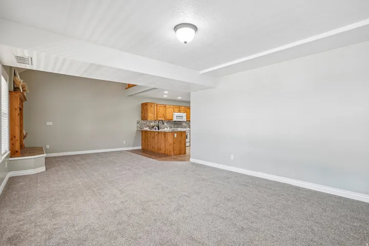 Carpeted living area featuring a tray ceiling, built-in wooden fireplace surround with tiled hearth, and integrated kitchen with wood cabinetry, stone-finish backsplash, and stainless steel appliances