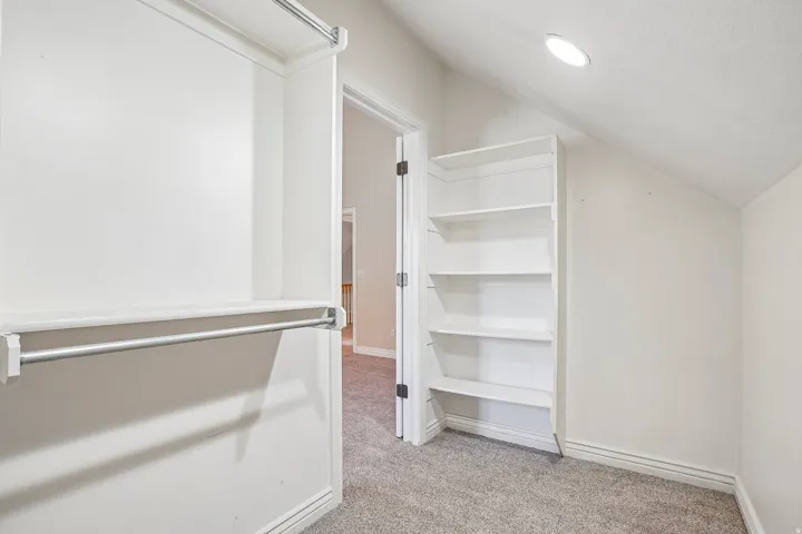 Built-in shelving, hanging rods, recessed lighting, and neutral carpeting