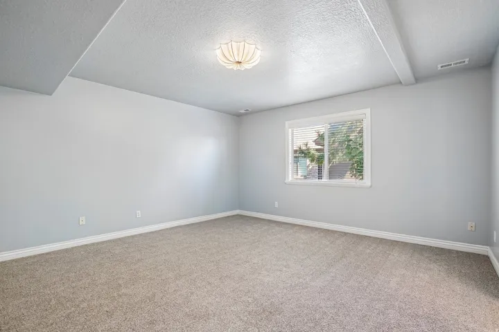 Carpeted room featuring a ceiling-mounted light fixture, white trim, and a window with blinds