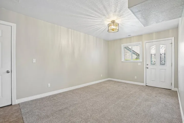 Plush carpeting, a decorative ceiling light fixture, and a white entry door with frosted glass detailing