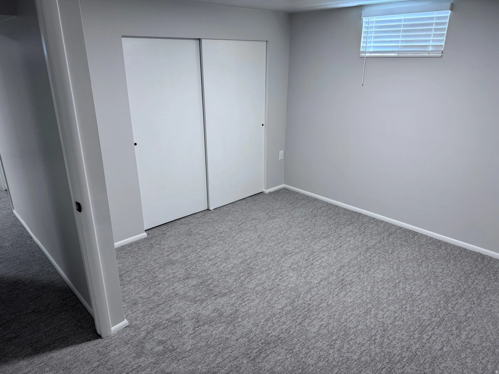 Plush grey carpeting with light grey walls, white trim, and a window with blinds