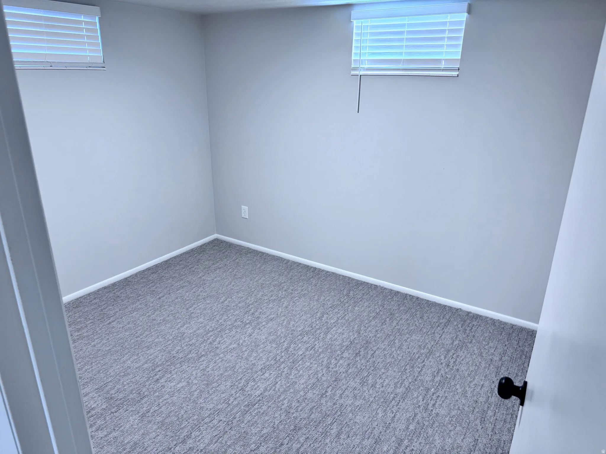 Neutral gray wall paint, gray carpet flooring, white window blinds, white trim, and a black door handle