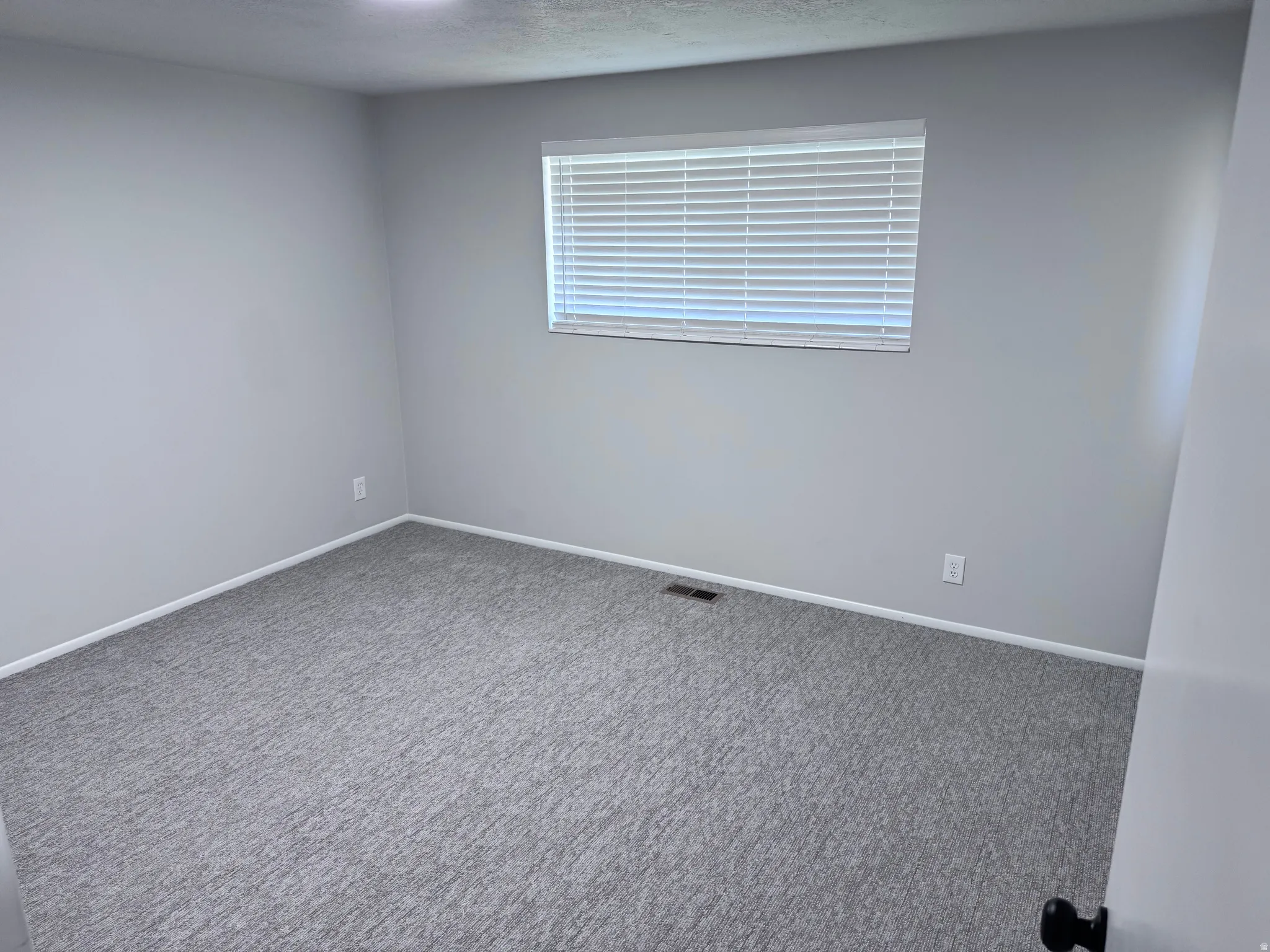Textured gray carpeting, light gray wall paint, and a window with horizontal blinds