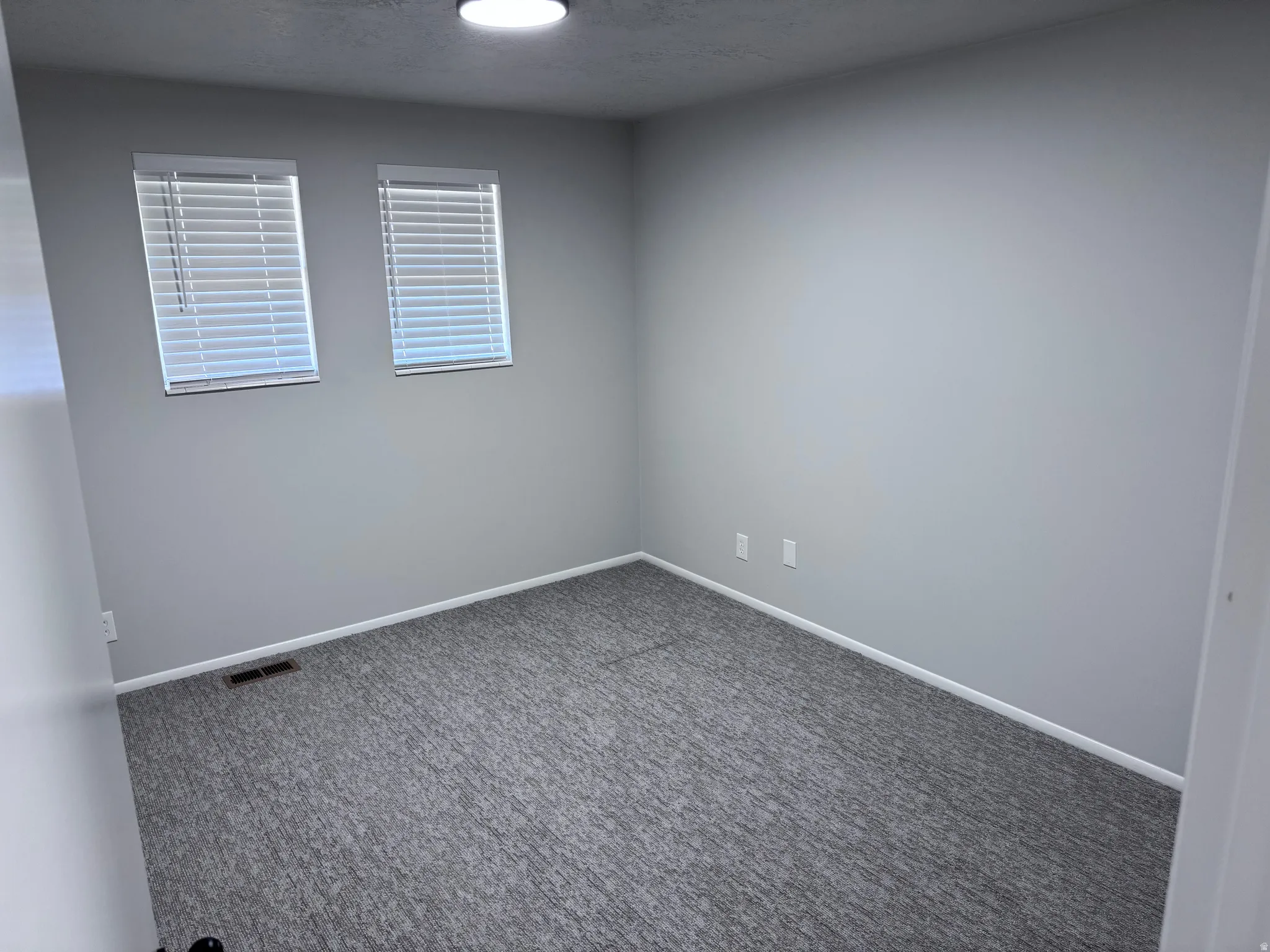 Carpeted room with two windows featuring blinds and a flush-mount ceiling light