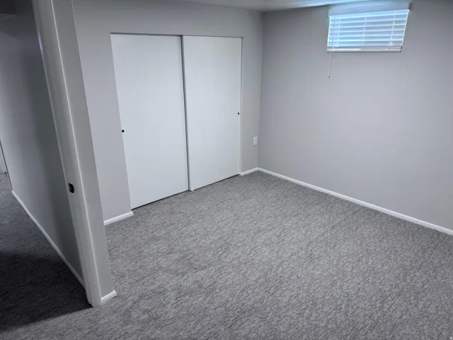 Plush grey carpeting with light grey walls, white trim, and a window with blinds