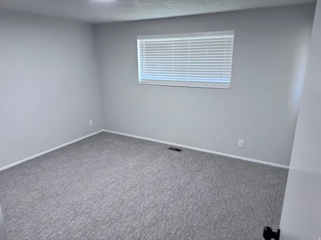 Textured gray carpeting, light gray wall paint, and a window with horizontal blinds