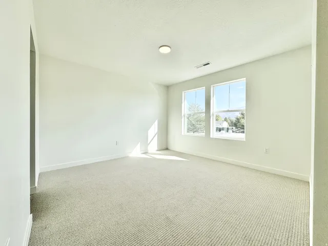 Wall-to-wall carpet flooring, two bright windows, flush mount ceiling light, and light-toned walls