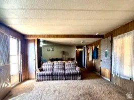 Textured wall paneling with wood-finish trim, a full-light entry door, and soft carpet flooring. Located in the manufactured home.