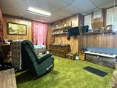 Wood paneling walls, wall-to-wall green carpeting, drop ceiling with fluorescent lighting.