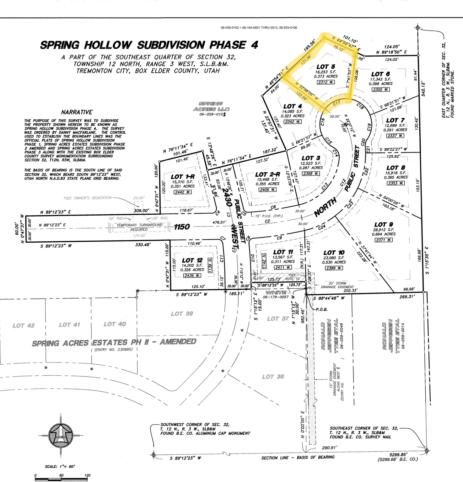 Subdivision Plat. Illustrating lot configurations and dimensions within Spring Hollow Subdivision Phase 4