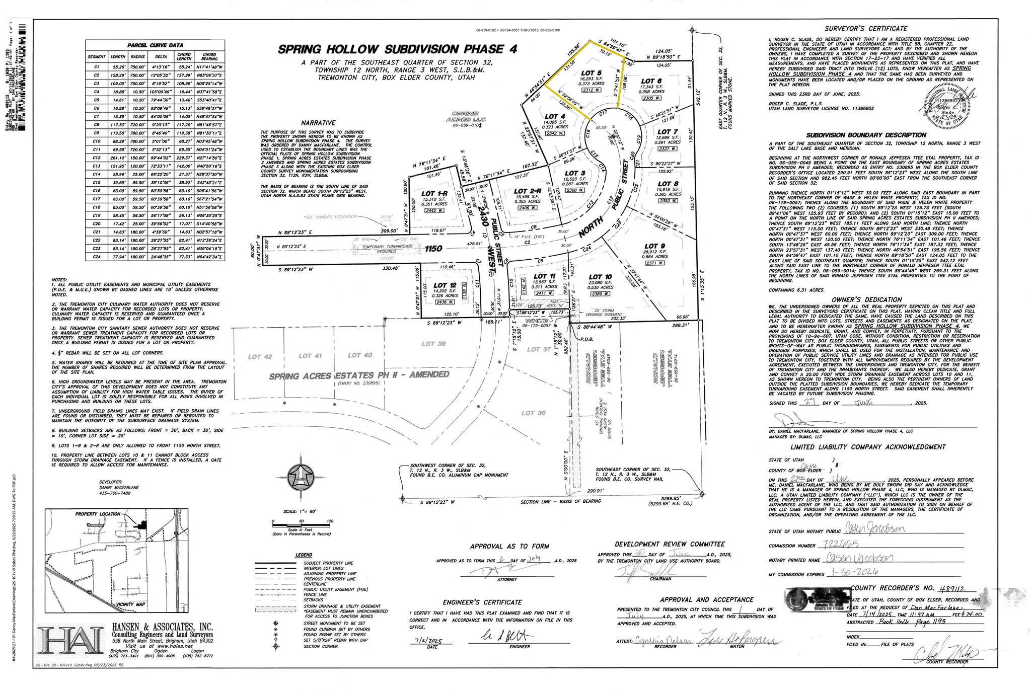Subdivision Plat. Illustrating the layout of the Spring Hollow Subdivision Phase 4, including lot demarcations, property boundaries, and associated legal descriptions