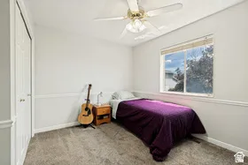 Carpeted flooring, white walls with wainscoting, white bi-fold closet door, ceiling fan with integrated lighting, and a single window with blinds