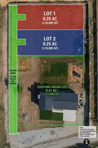Conceptual Site Plan. Illustrating the division of the property into three distinct lots, including an existing house lot, two new lots, and an access drive with stated dimensions