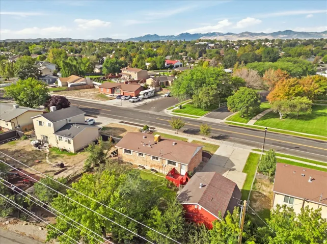Residential street with established landscaping and mountain backdrop