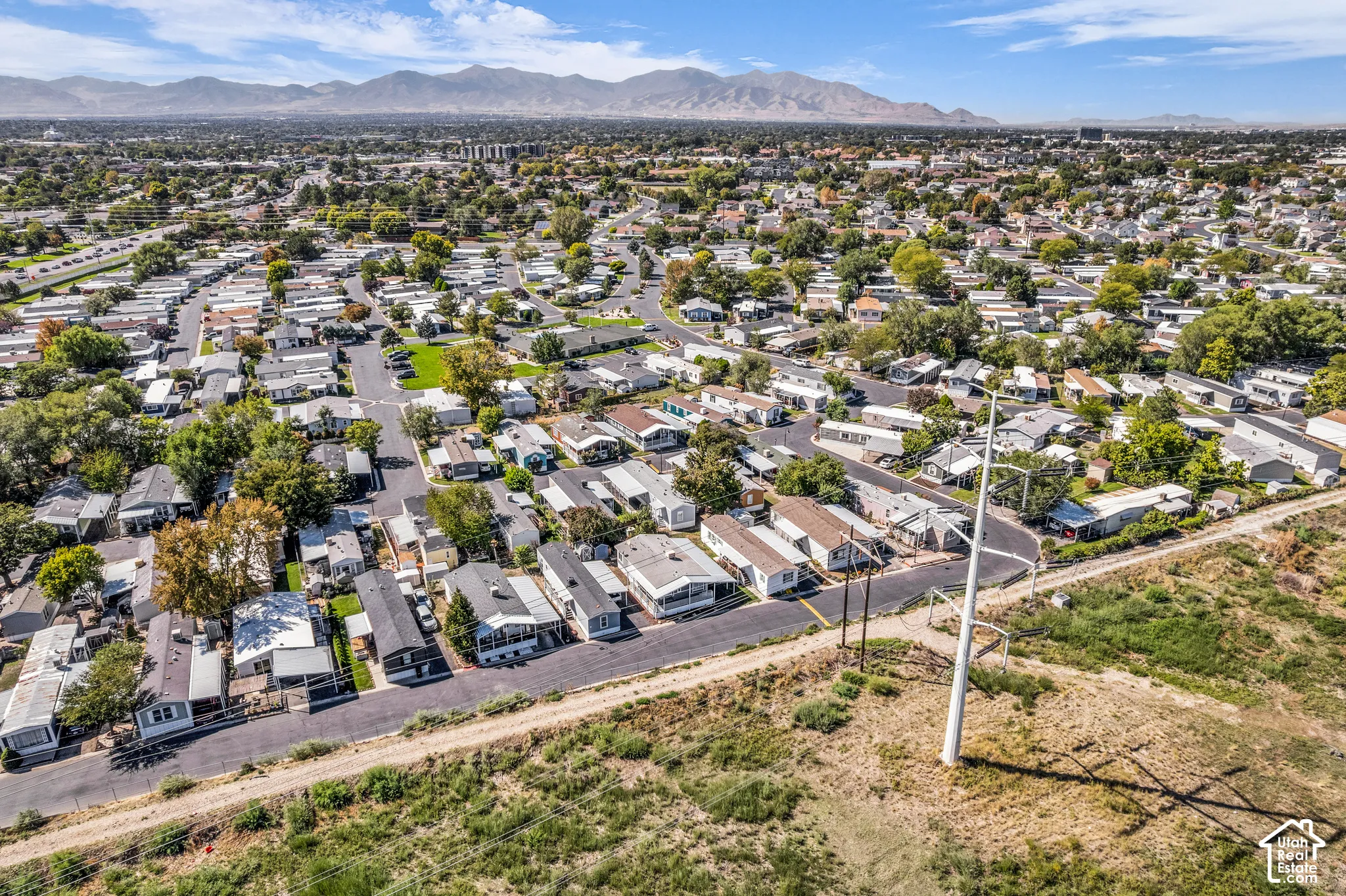 Aerial perspective of a residential community with abundant mature trees and distant mountain ranges