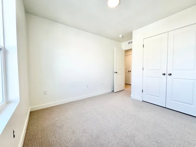 Spacious bedroom featuring neutral wall finishes, abundant natural light from large window, neutral carpet flooring, and dual closets with white six-panel doors