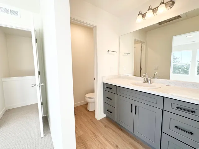 Dual vanity with a single basin, light-toned countertop, and gray cabinetry