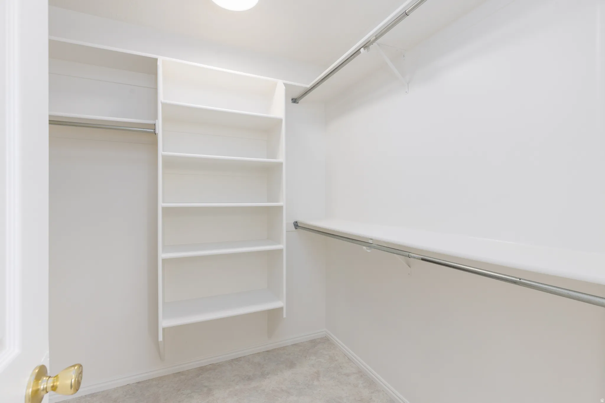 Walk-in closet featuring built-in shelving, dual hanging rods, and light-toned carpeting