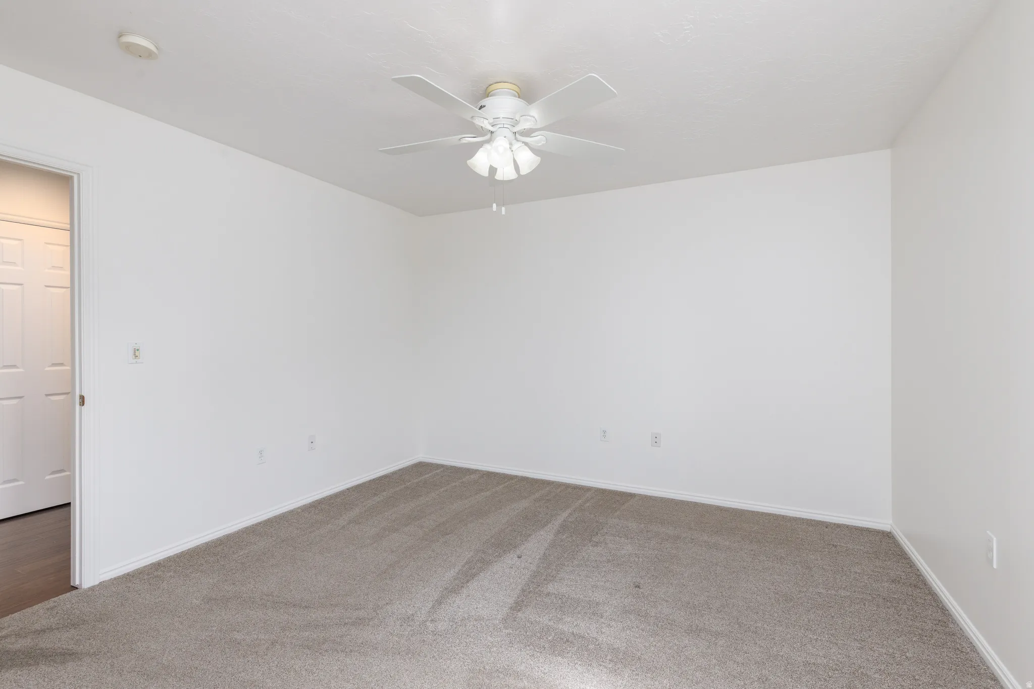 Neutral wall finishes, textured carpet, ceiling fan with integrated lighting, and white trim