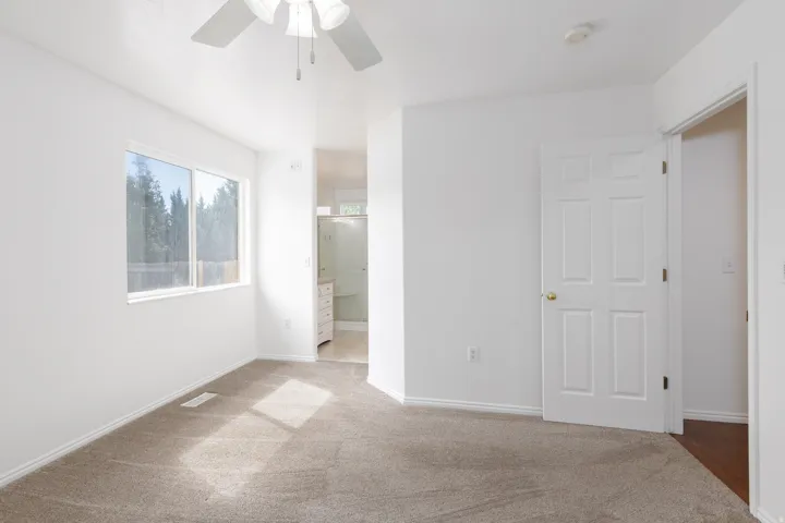 Carpeted flooring, white walls, ceiling fan, large window, and panel door