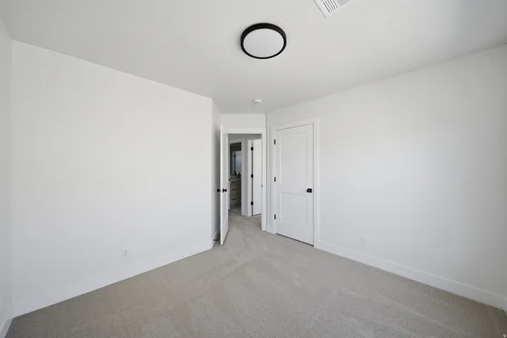Light-toned wall finishes, carpeted flooring, and a modern flush-mount ceiling light