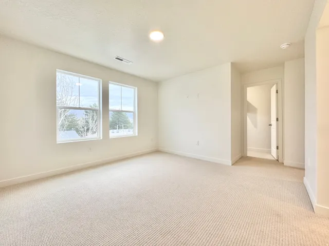 Dual windows, recessed ceiling lighting, textured wall finish, plush carpet flooring, and a white interior door