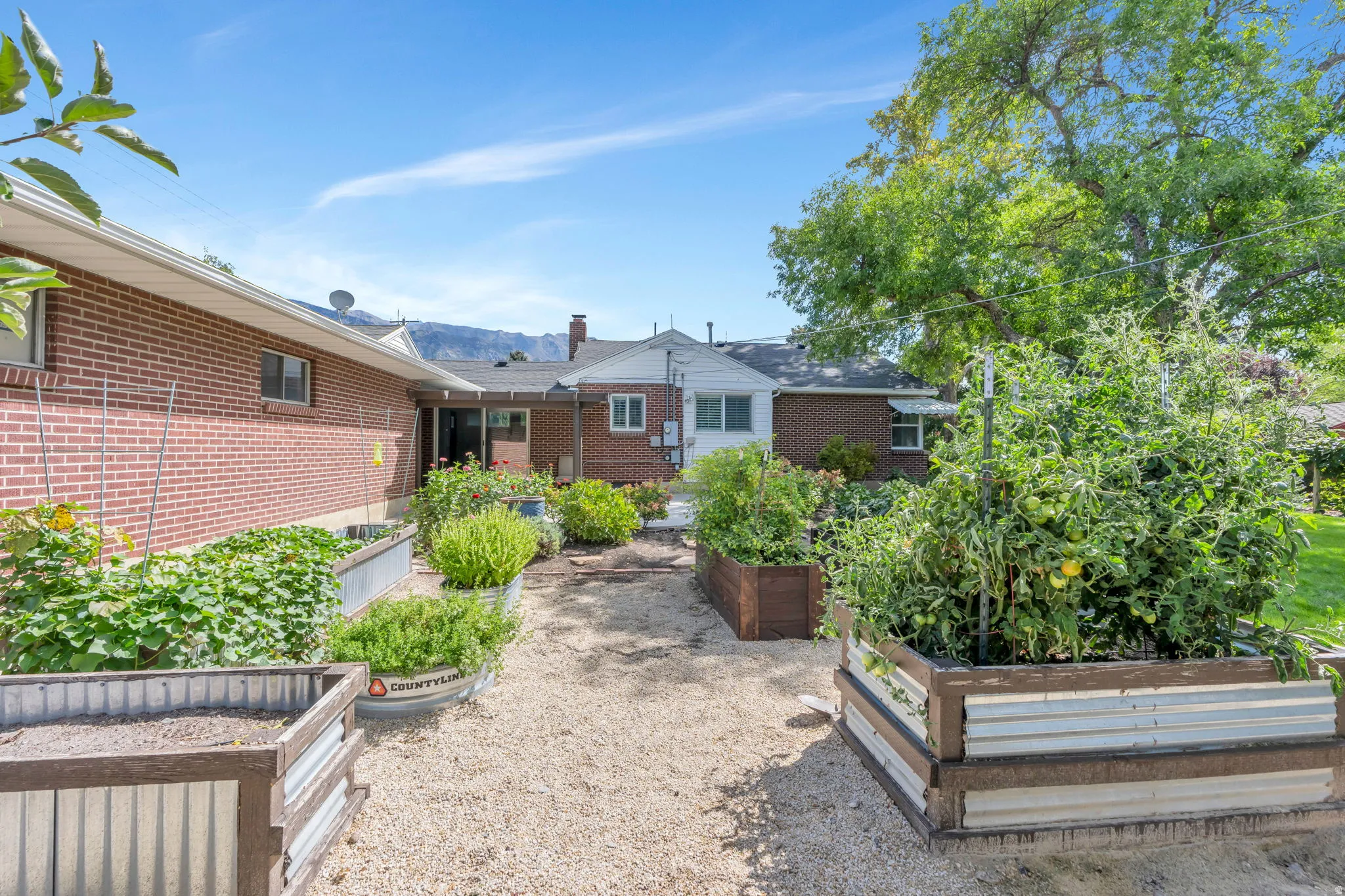 Expansive backyard with multiple raised garden beds, gravel pathways, and mature trees