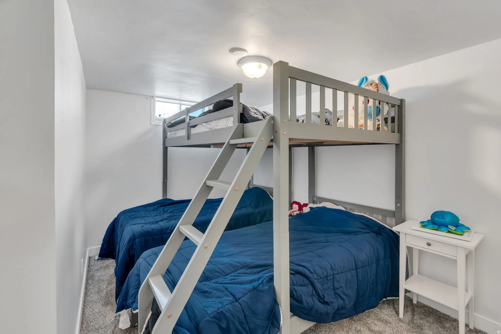 Recessed window, ceiling-mounted light fixture, and textured carpeting