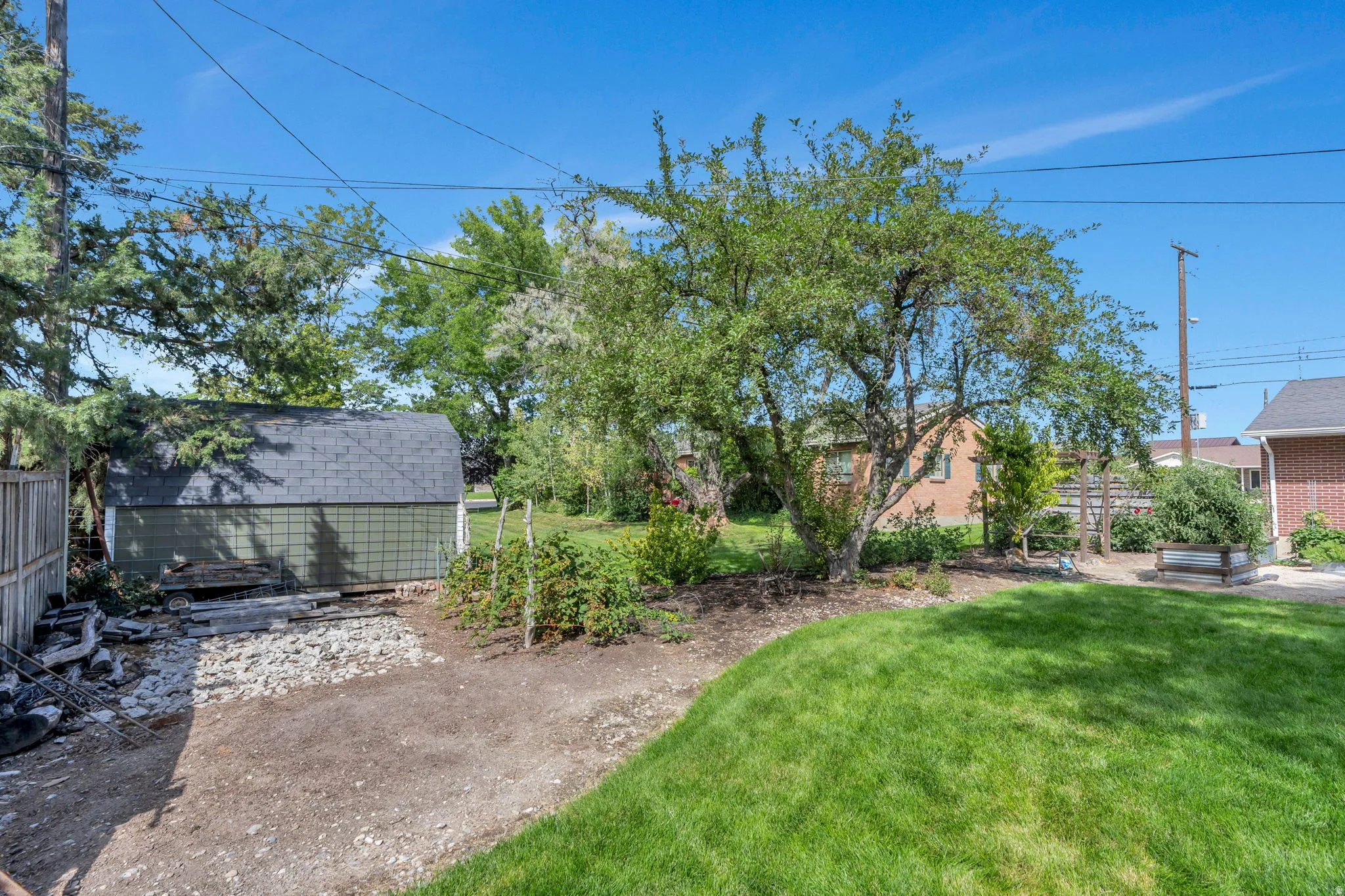 Expansive backyard featuring a manicured lawn, established trees, and a detached storage shed with a gambrel roof