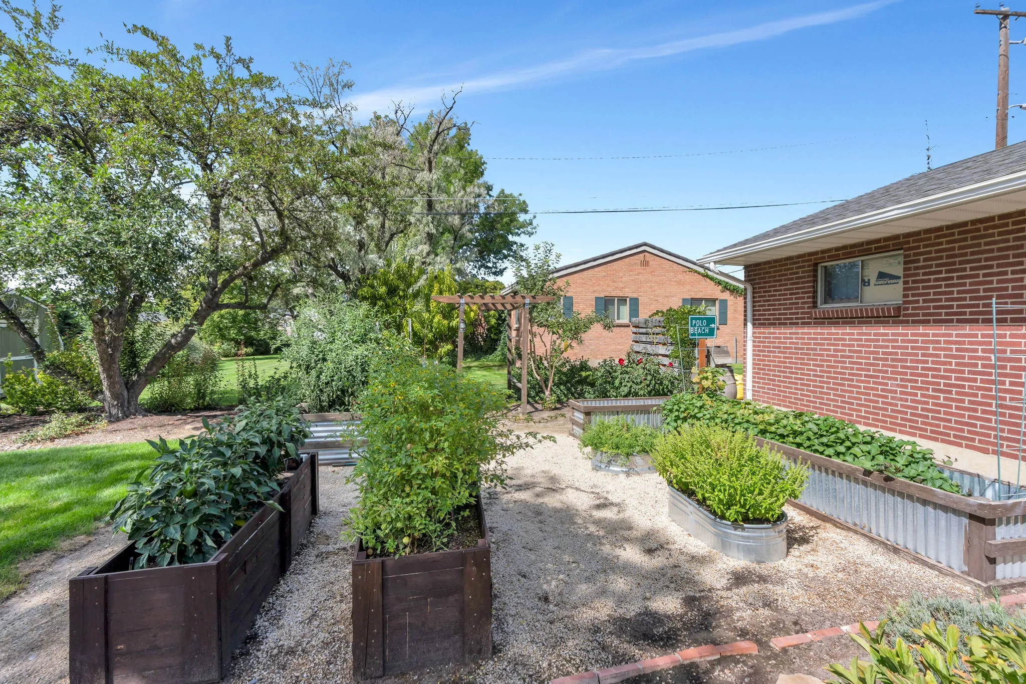 Expansive backyard featuring mature trees, a gravel pathway, raised garden beds with wood construction, and corrugated metal planters
