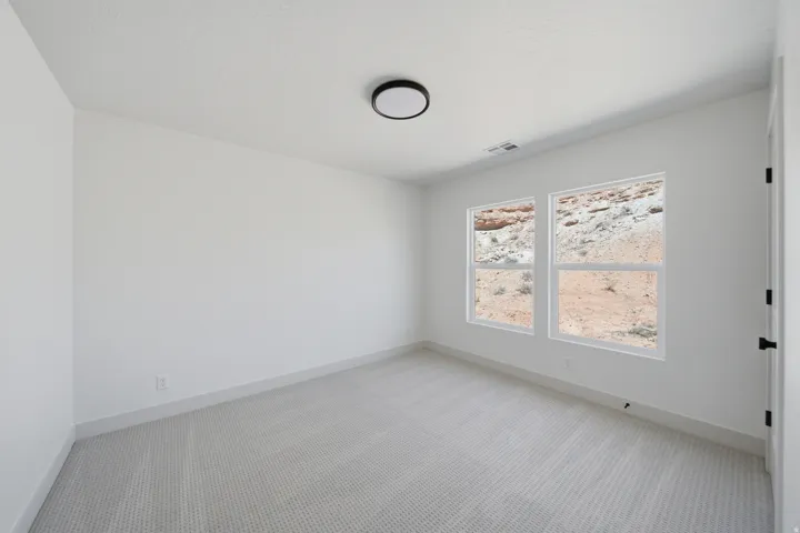 White walls, light-toned patterned carpeting, two double-hung windows, black circular flush mount ceiling light, and a black door handle