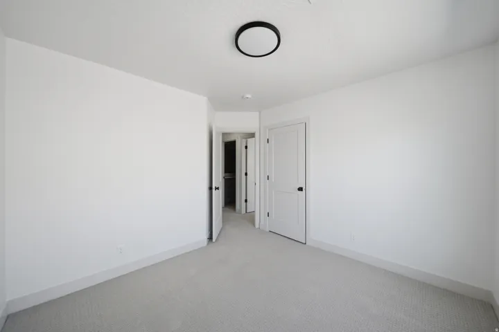 Neutral wall color, carpeted flooring, modern flush-mount ceiling light, white paneled doors with dark hardware