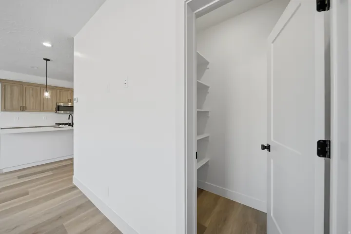 Walk-in pantry with multiple built-in shelves, light wood-finish flooring, and a modern kitchen with wood-finish cabinetry