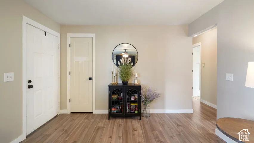 Wood-finish flooring throughout, light neutral wall paint, white trim, and a white paneled door with black hardware