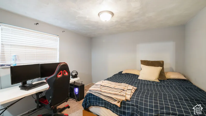 Neutral wall paint, ceiling-mounted light fixture, and window with horizontal blinds
